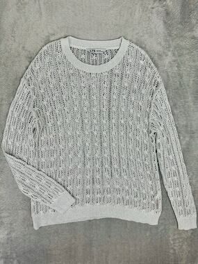 Long Tall Sally LTS Crochet Open Knit Silver Metallic Sweater Top Size 10-12 L